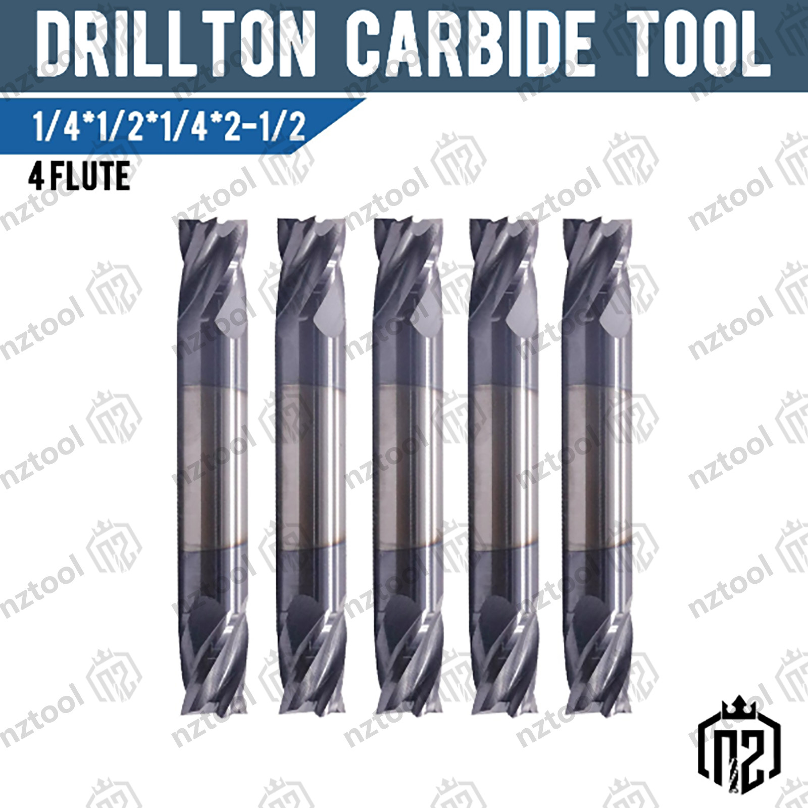 5 Pcs 1/4 1/2 2-1/2 Solid Carbide End Mill 4 Flute Double End AlTiN Coated