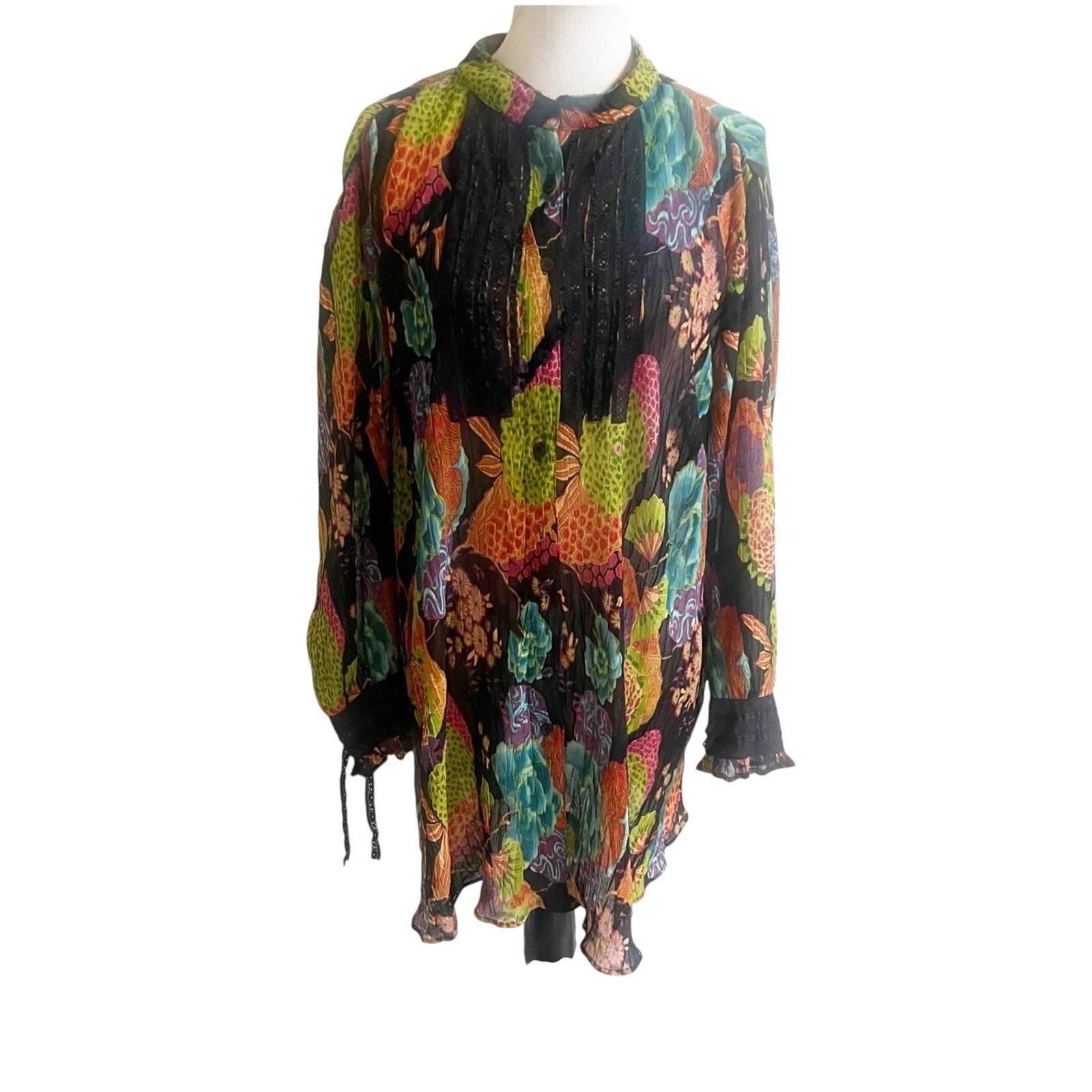 Roaman’s Sheer Artsy Button Front Long Sleeve Tunic Colorful Size 20w Lace Trim