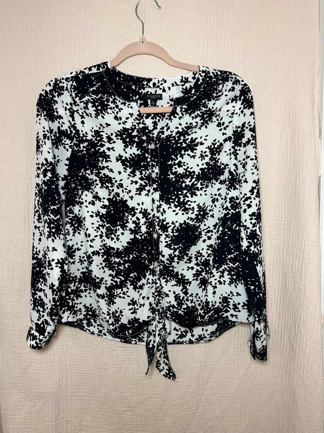 Talbots Floral Blouse Size SP Black White Tie Front Long Sleeve Top