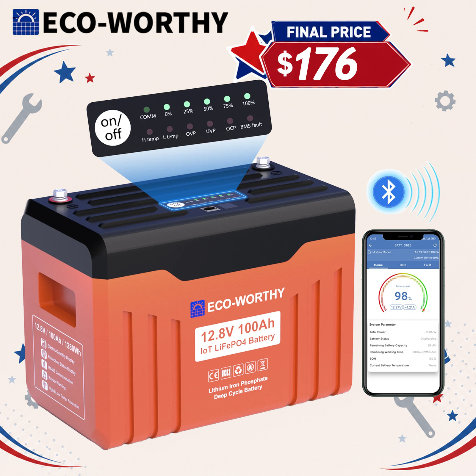 ECO-WORTHY 1280Wh 12V 100AH LiFePO4 Lithium Battery With SOC Display Bluetooth