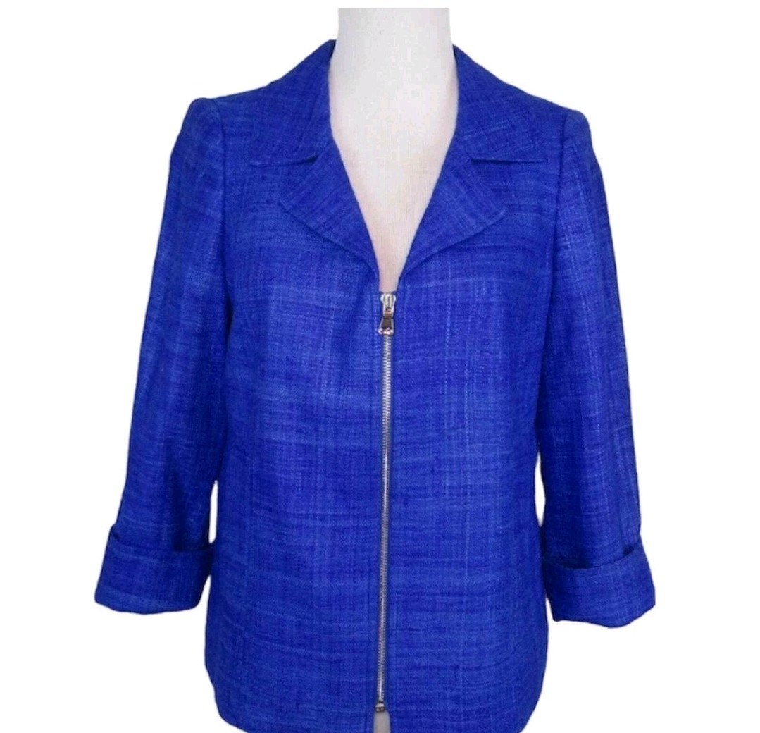 CARLISLE Royal Blue 100% Linen Silk Zip Front Tweed Jacket Women’s Size 10 CARLISLE Royal Blue 100% Linen Silk Zip Front Tweed Jacket Women’s Size 10