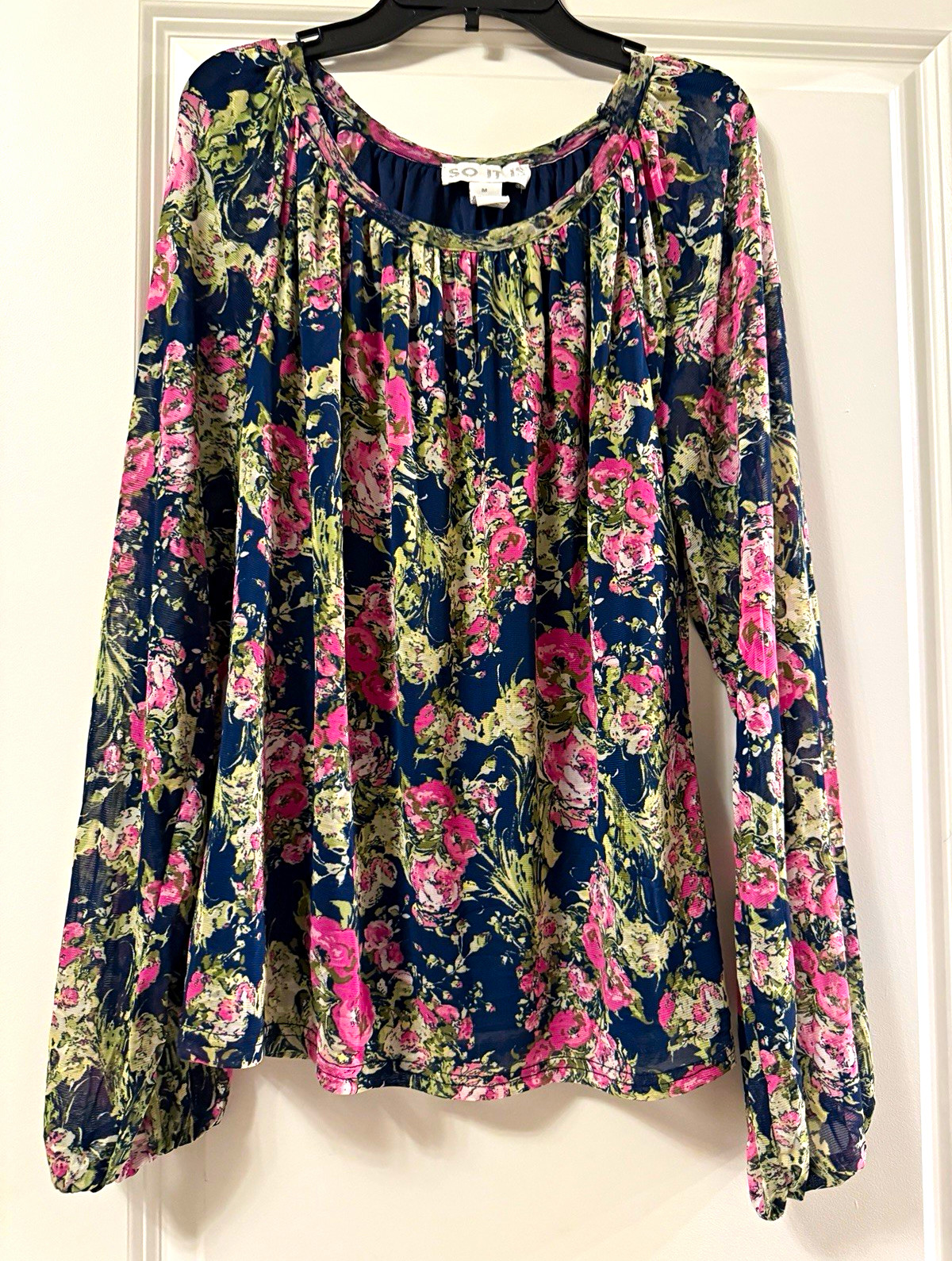 SO Women\'s Floral Multicolor Chiffon Pleated Long Sleeve Scoop Neck Blouse