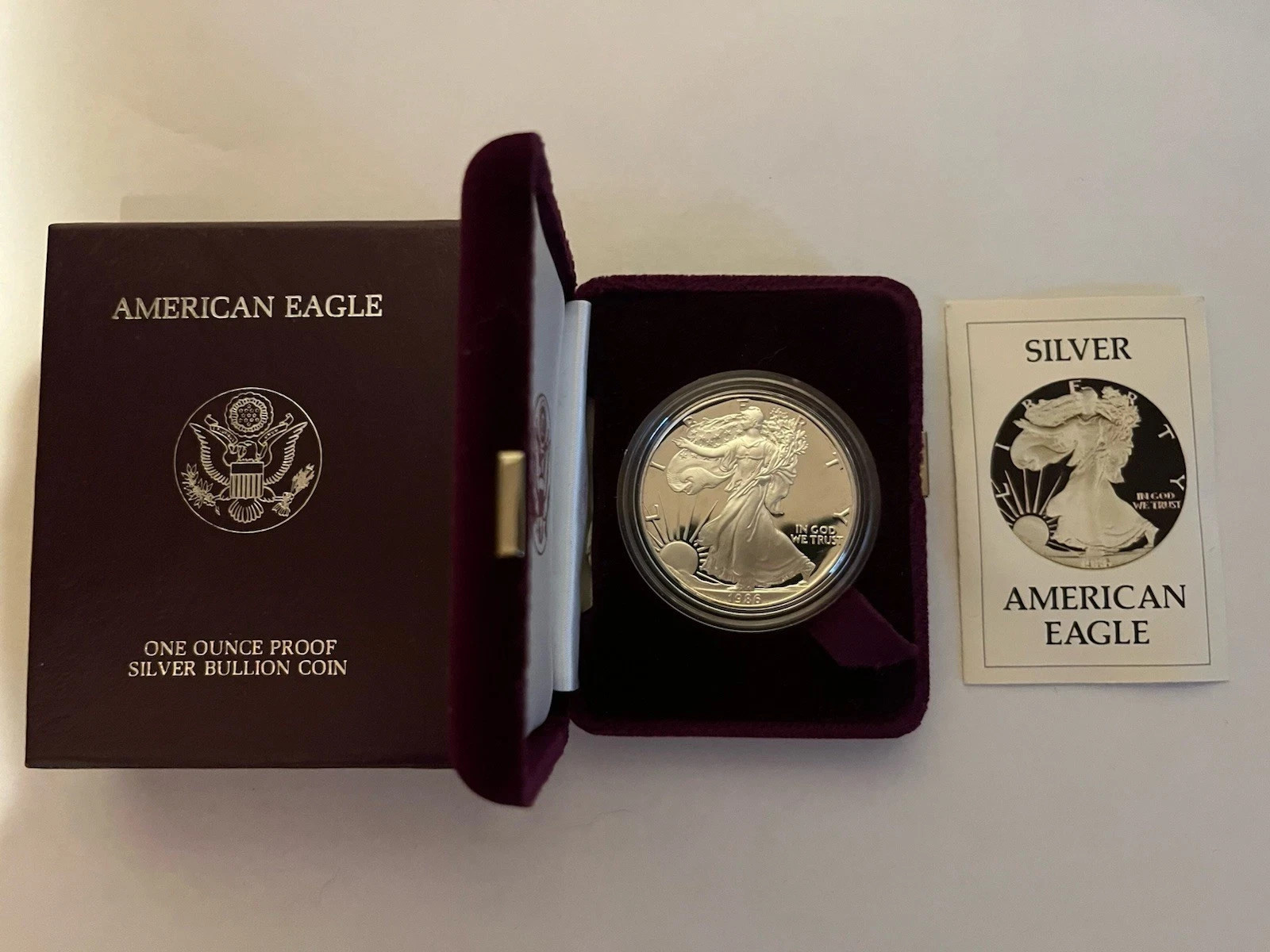 1986 S American Eagle Silver Bullion One Dollar PROOF with Original Case & Cert 1986 S American Eagle Silver Bullion One Dollar PROOF with Original Case & Cert