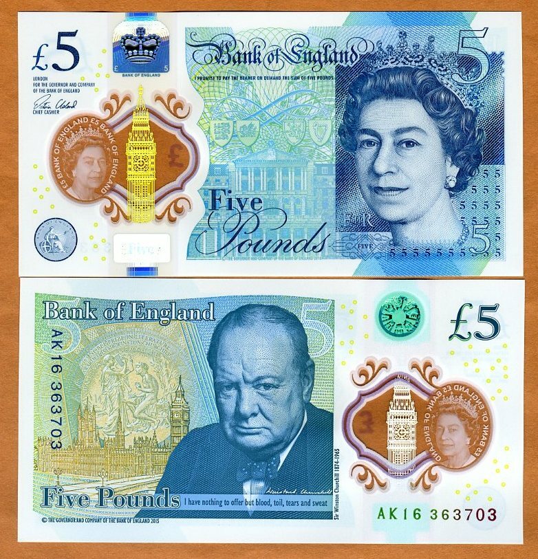 Great Britain 5 pounds, 2016, P-394 QEII, Chirchill UNC First Polymer