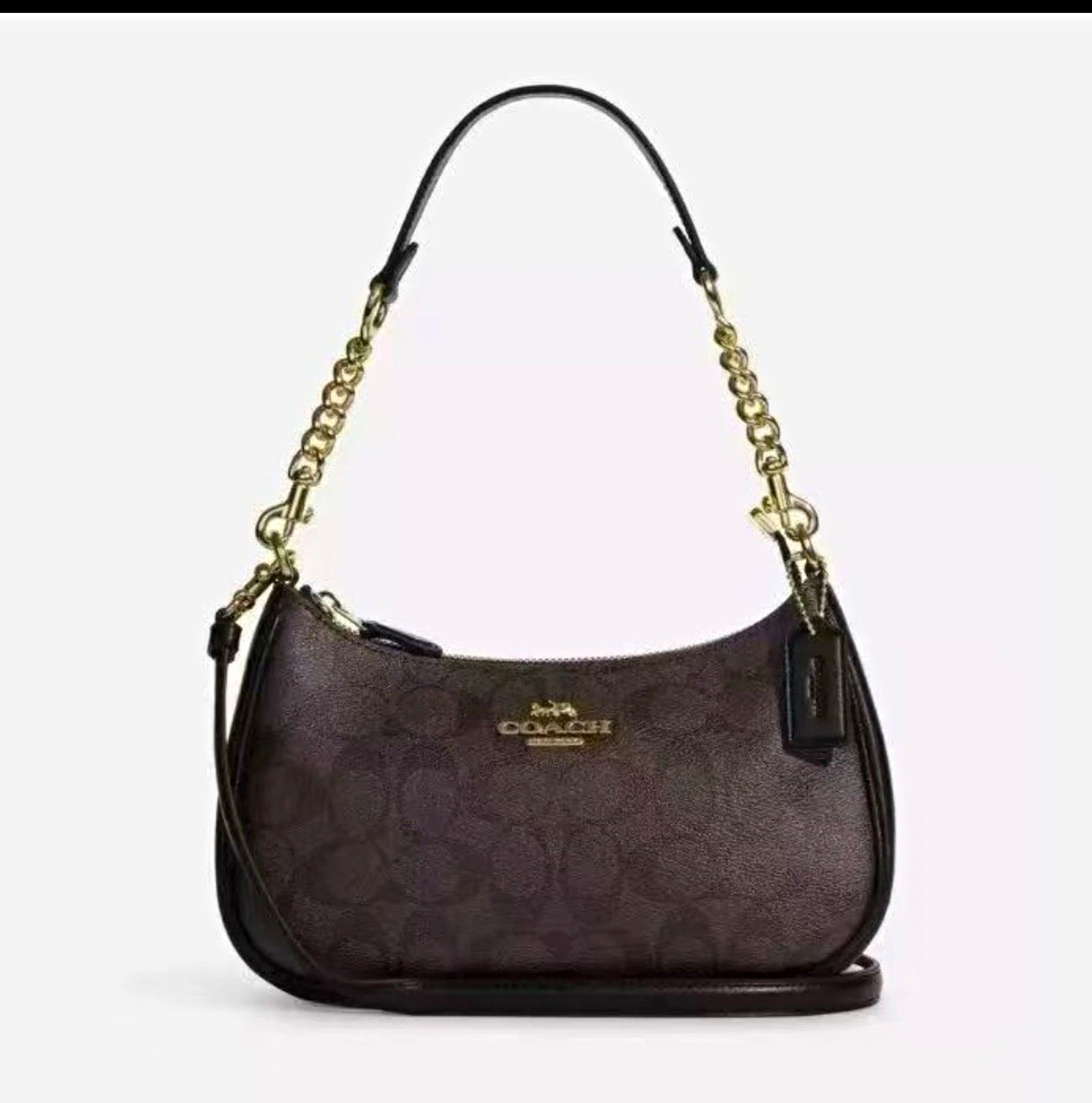 Coach Signature Brown Crescent Shoulder Bag Zip Gold Chain Detach Strap Coach Signature Brown Crescent Shoulder Bag Zip Gold Chain Detach Strap