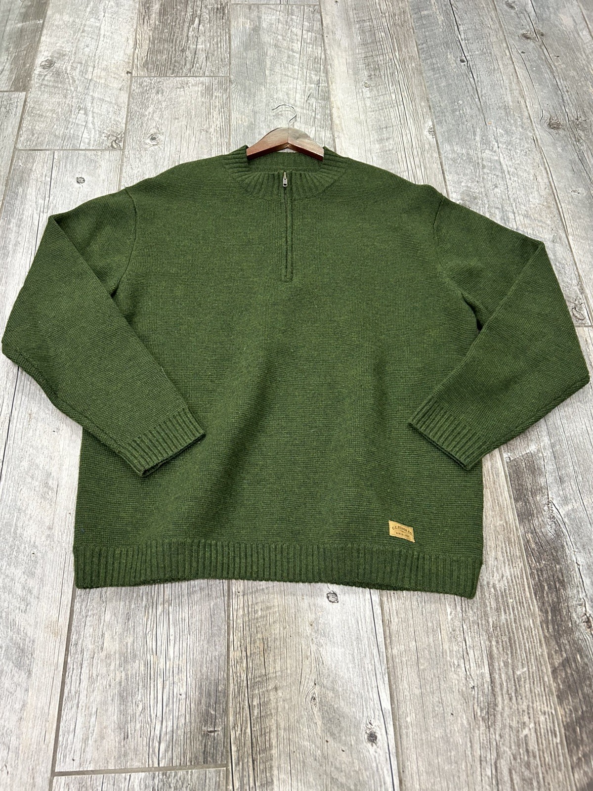 CC Filson Wool Crewneck Guide Sweater Green Size Large Long Sleeve Thick 1/4 Zip