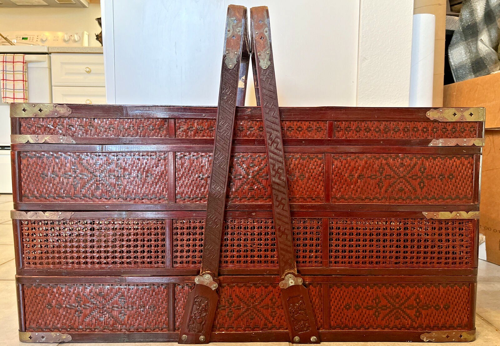 Antique VTG 3-Tier Victorian Asian Basket Woven Wicker Rattan Bamboo Food Trunk