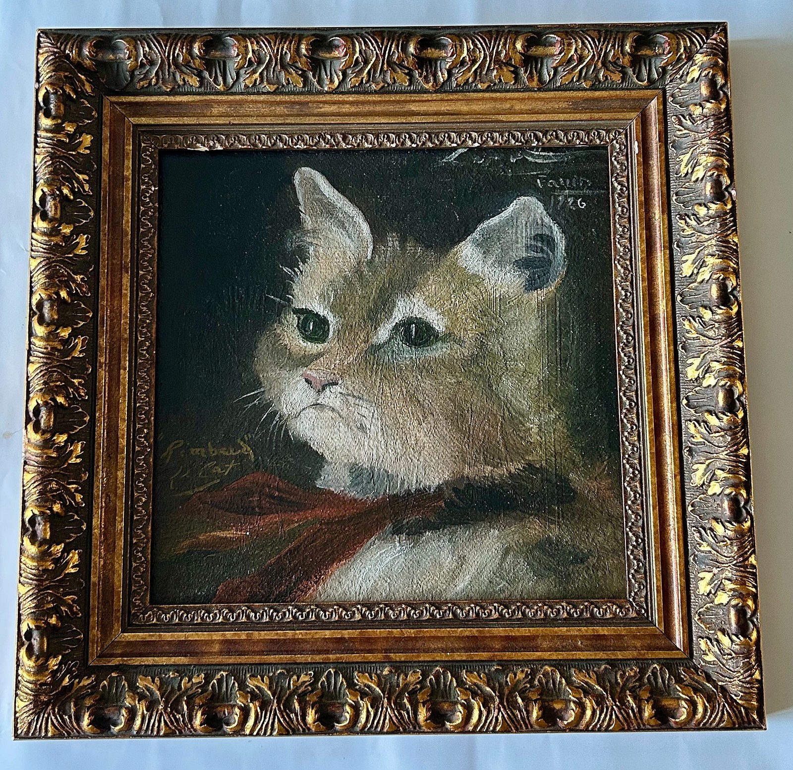 Antique Cat Portrait French School Oil Painting Signed – Ornate Gilt Frame