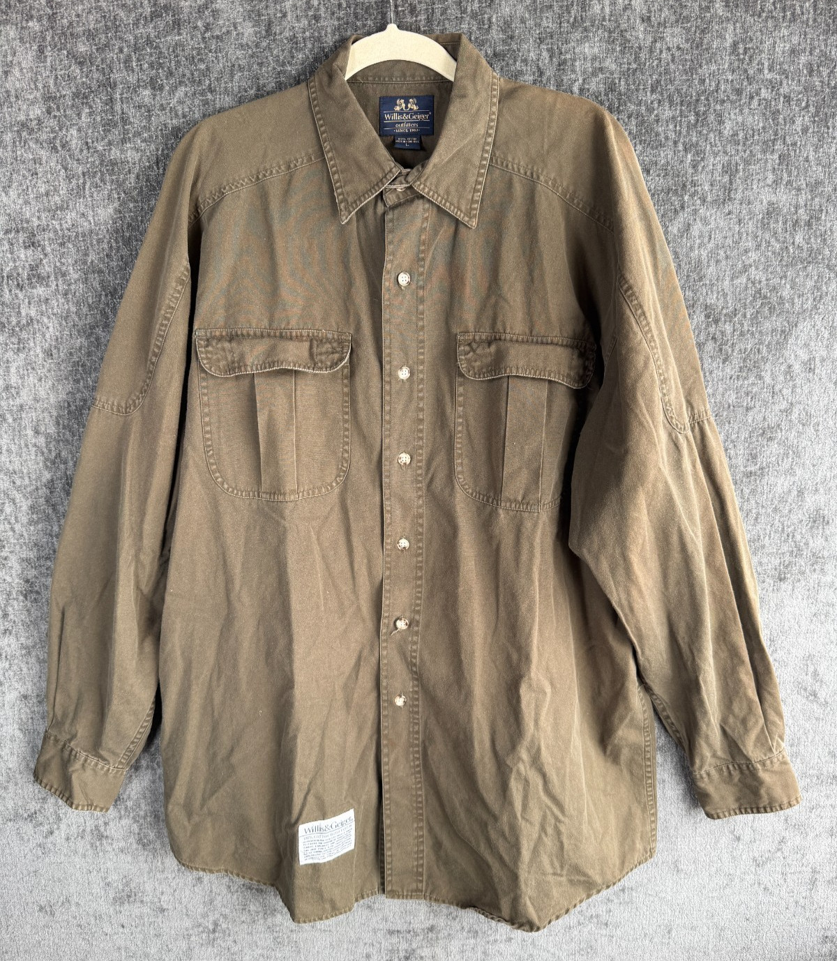 Vintage Willis & Geiger Mens Large Brown Safari Canvas Bush Shirt Heavy Cotton Vintage Willis & Geiger Mens Large Brown Safari Canvas Bush Shirt Heavy Cotton