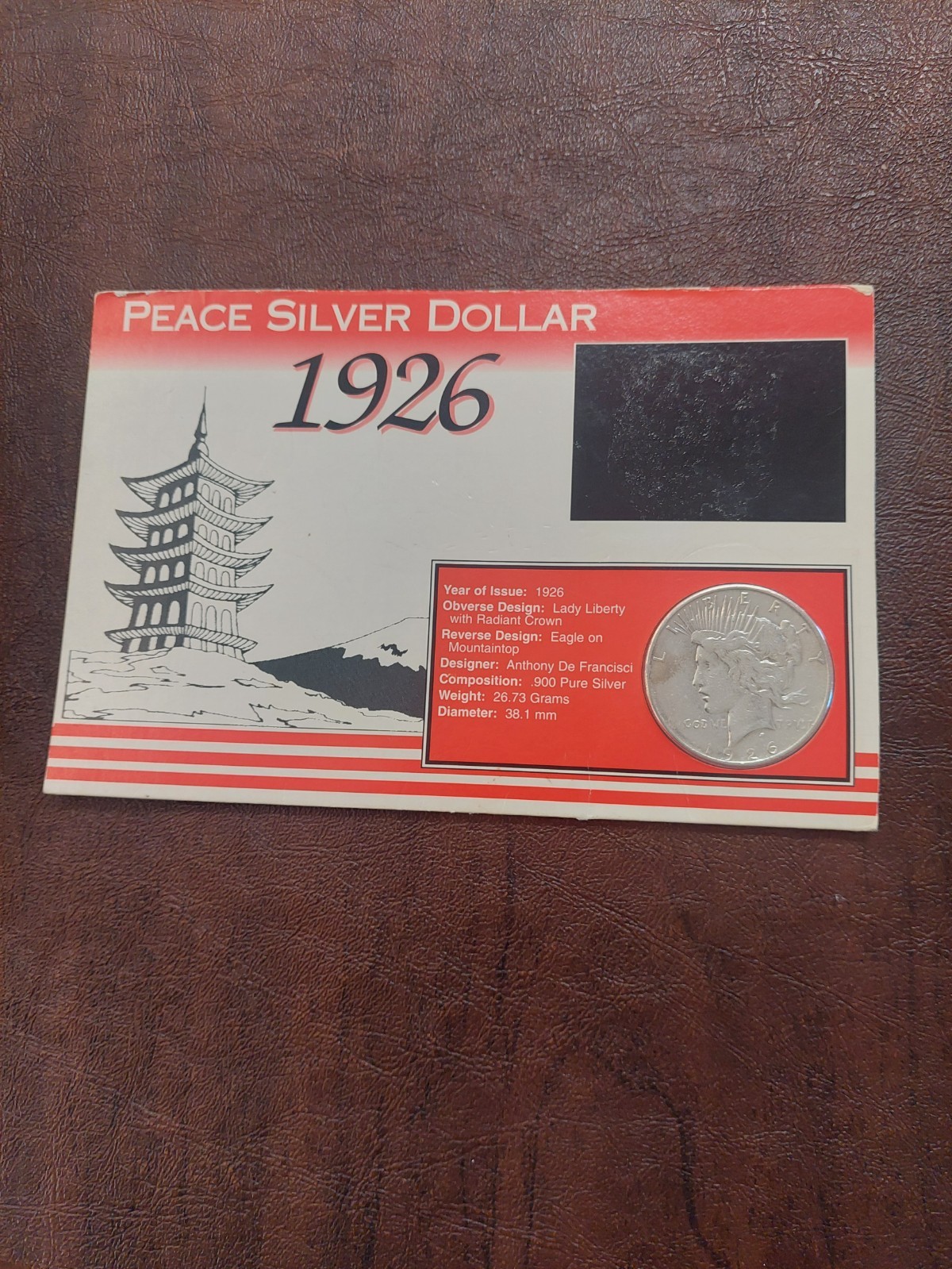 1926-S Peace Dollar, AU-50+, Mounted on Card w/ specs front/historic facts back