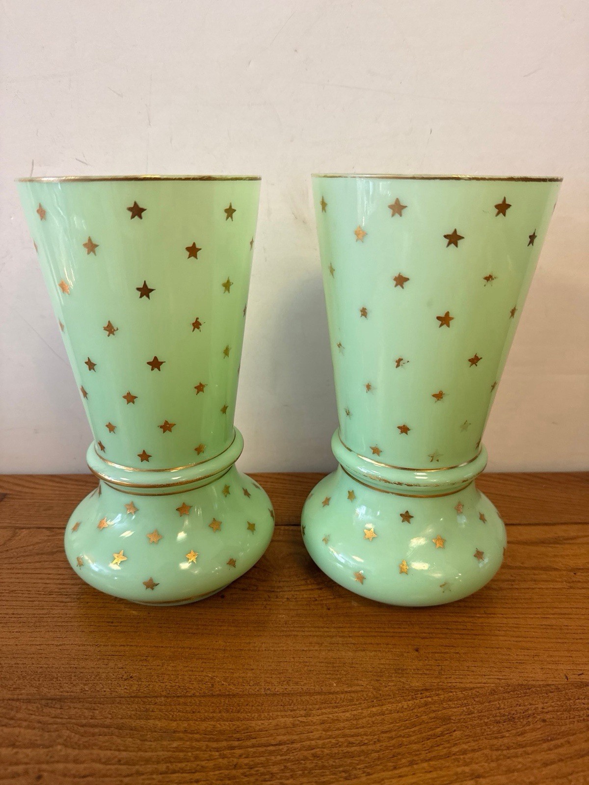 antique French mint green opaline glass vases gilt star motifs