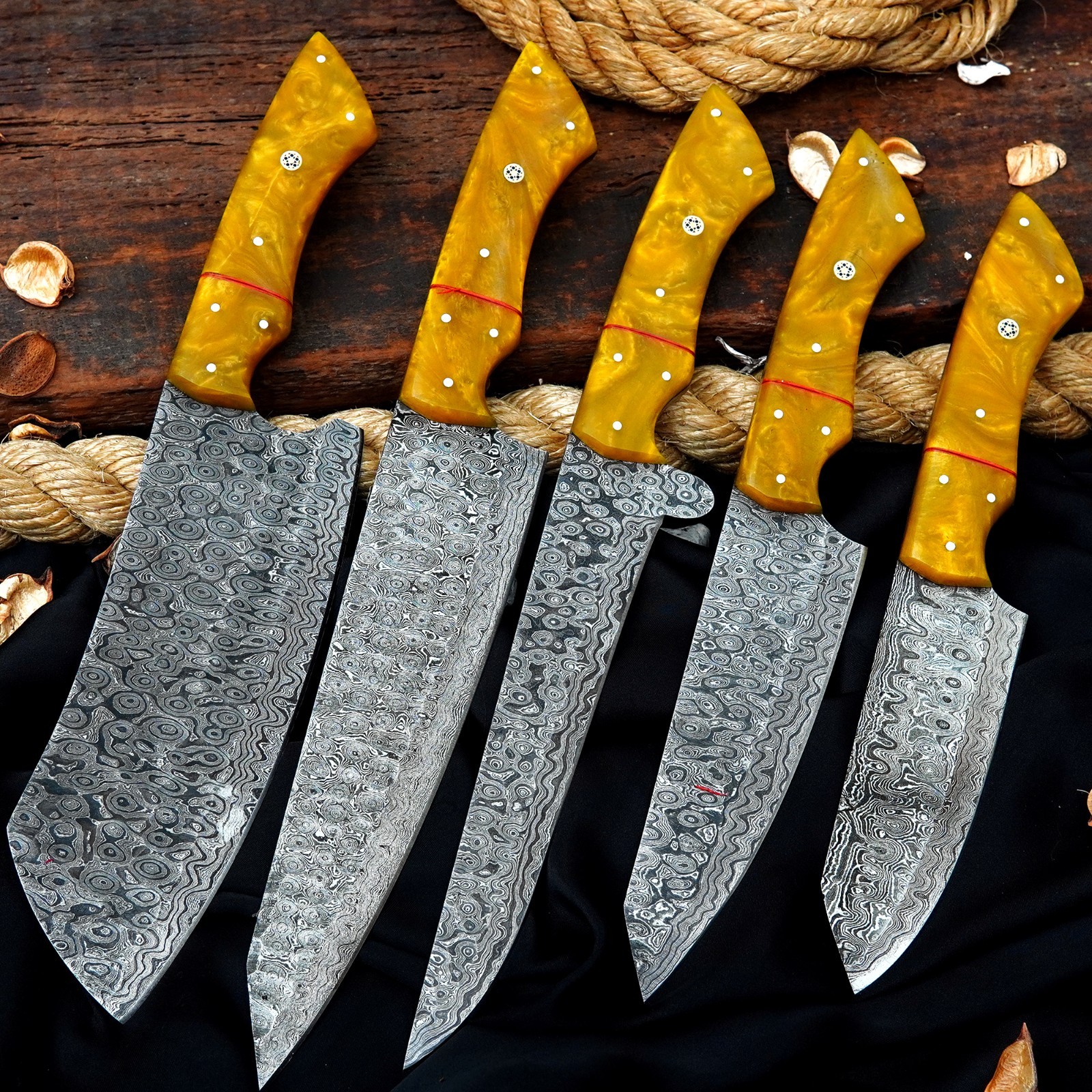 CUSTOM HANDMADE RAINDROP DAMASCUS HAMMERED 5 PIECES CHEF SET W/ LEATHER BAG