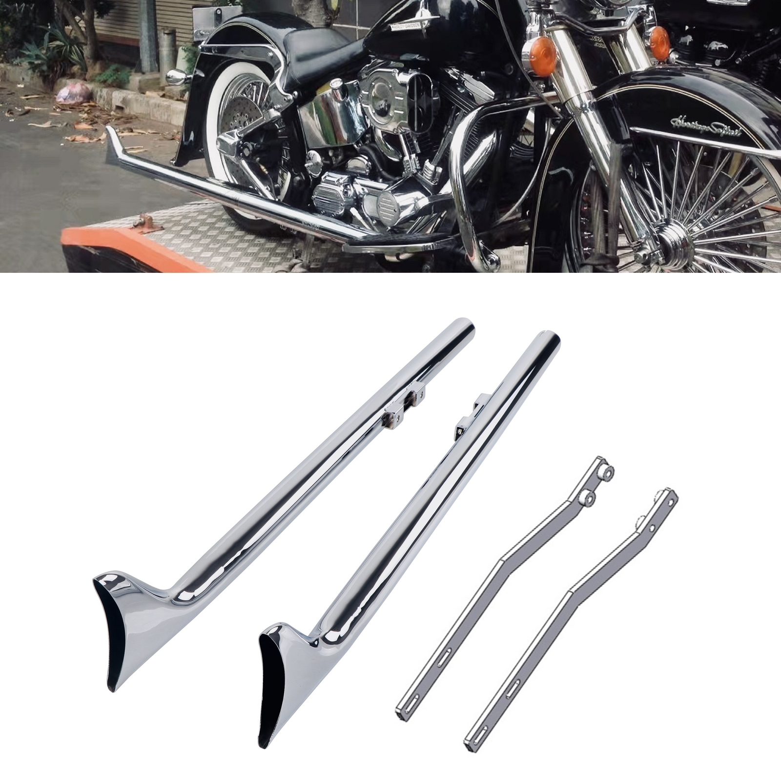 36'' Fishtail for Harley Softail Models with 1.75'' True Dual Exhaust Front Pipe