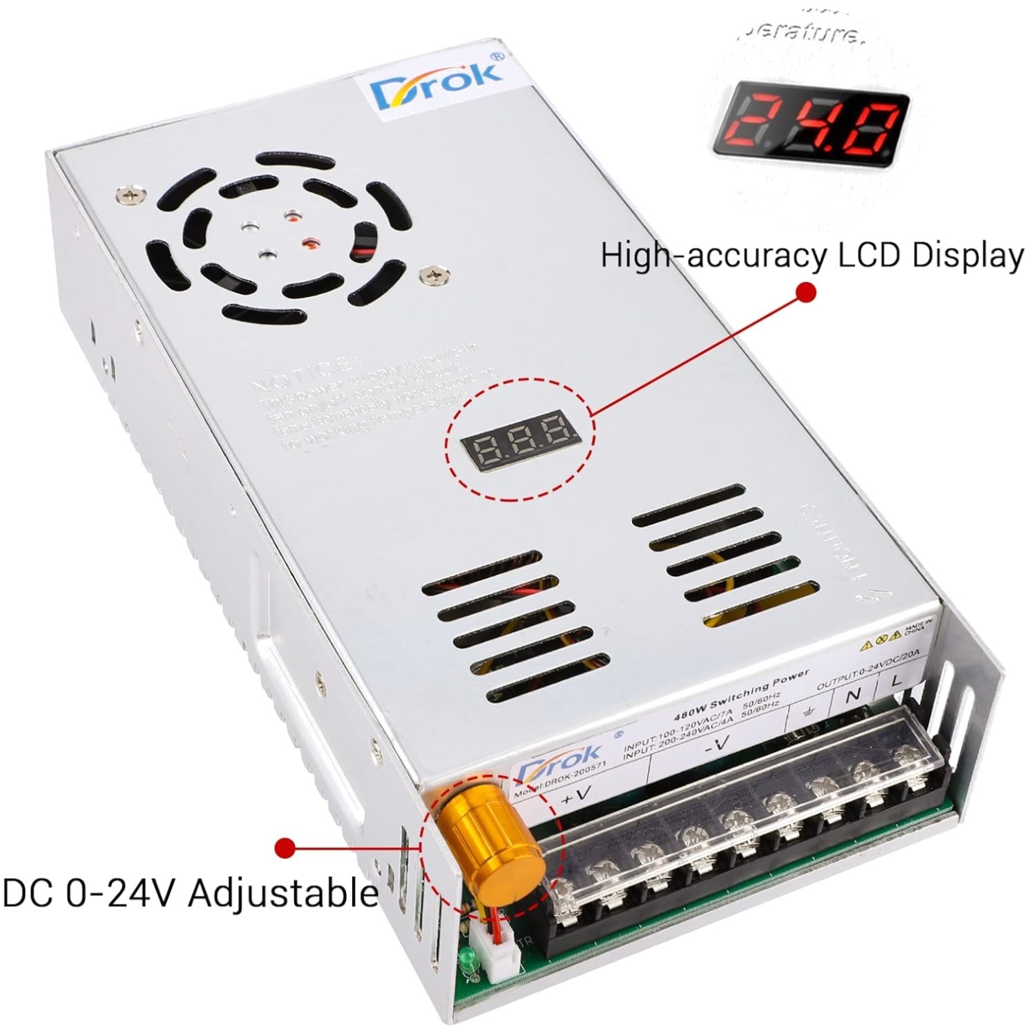 Variable 5V 12V 24V Power Adapter Regulated 20A Charger