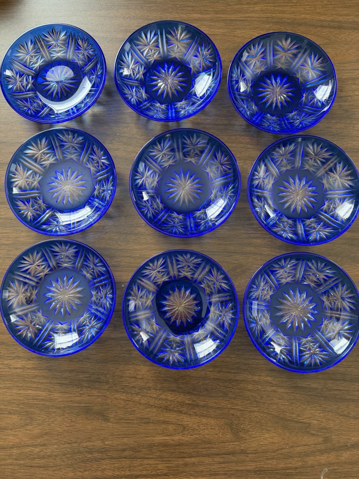 Beautiful Cobalt Blue Cut Clear Crystal Bowl Starburst Leaf Pattern 5.5in
