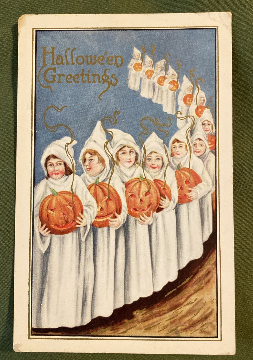 Antique Whitney Halloween Postcard Girls Ghost Jack o Lantern JOL Pumpkin Antique Whitney Halloween Postcard Girls Ghost Jack o Lantern JOL Pumpkin