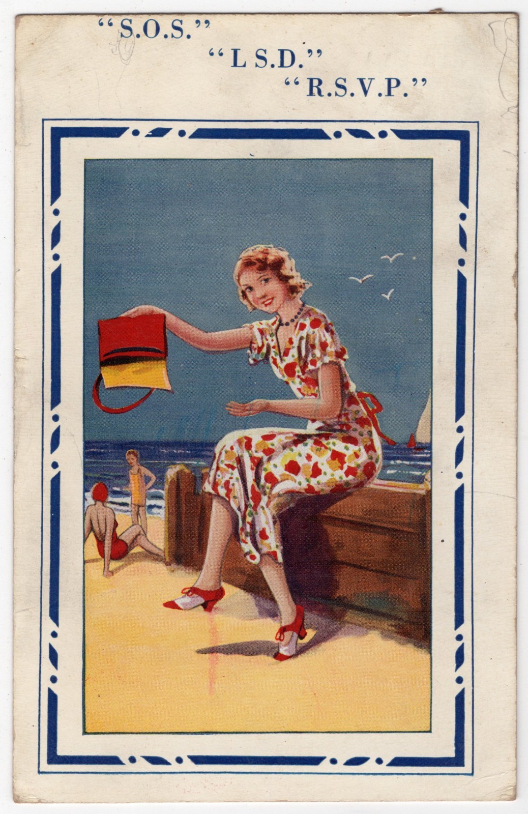 Antique 1936 Comic Beach Holiday Lady Handbag Postcard S.O.S. LSD R.S.V.P.
