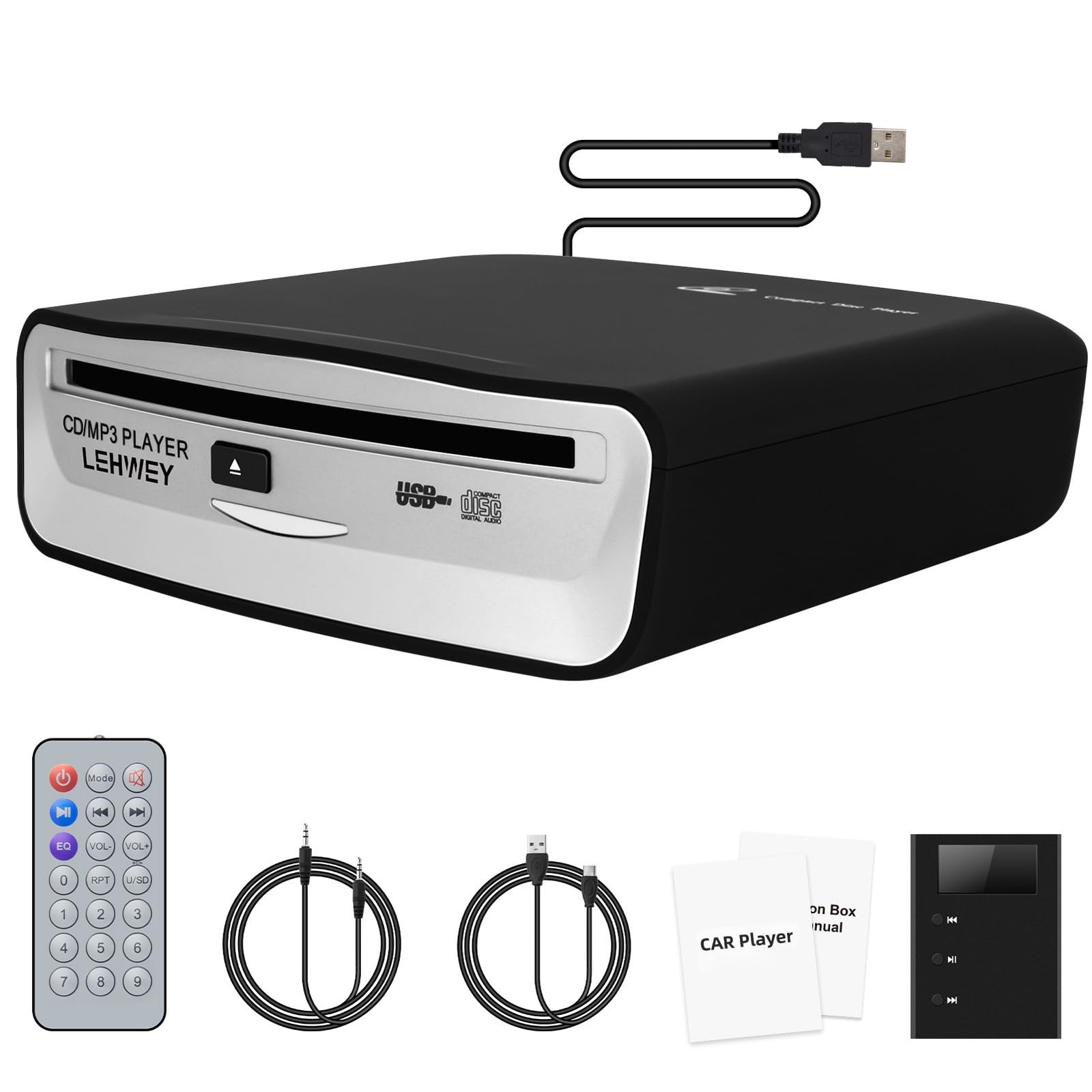 Lehwey USB CD Player for Car, External Car Cd Players with AUX & FM Transmitter