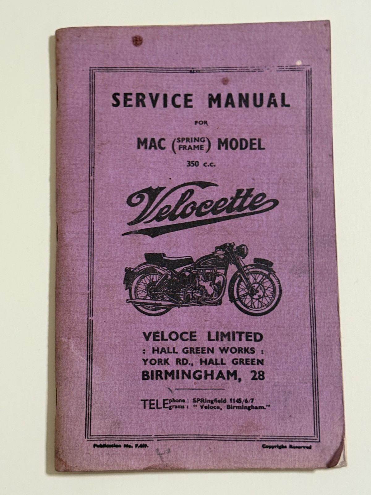 Service Manual for Velocette Motorcycle Spring Frame Model MAC 1953, original