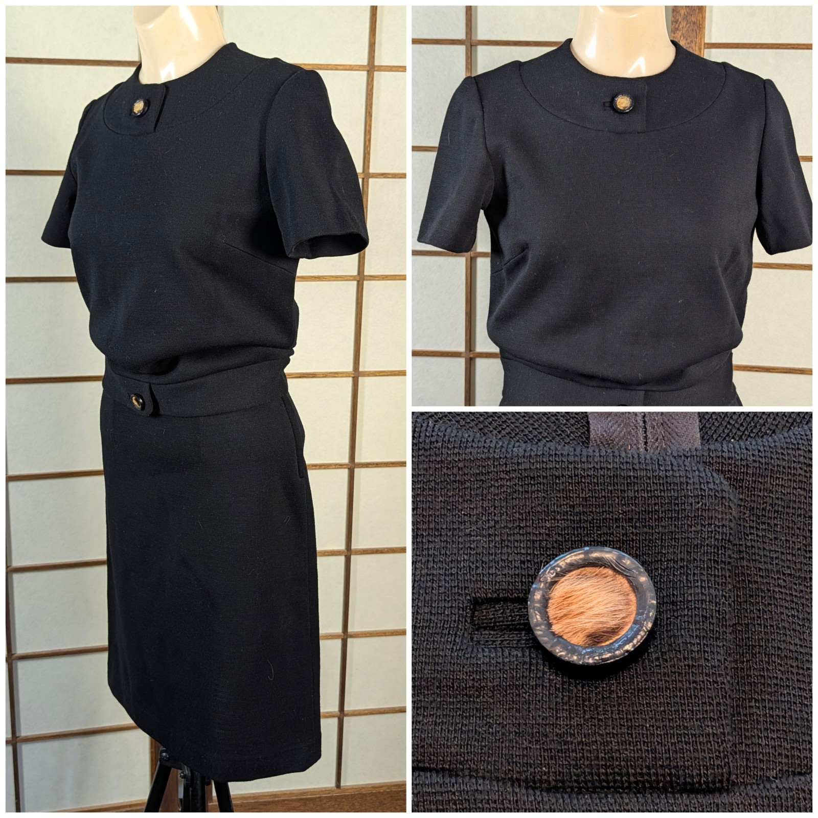 Vtg 1960s Black Knit Two Piece Skirt Set Dress Fur Button Mod Mid Century XS S