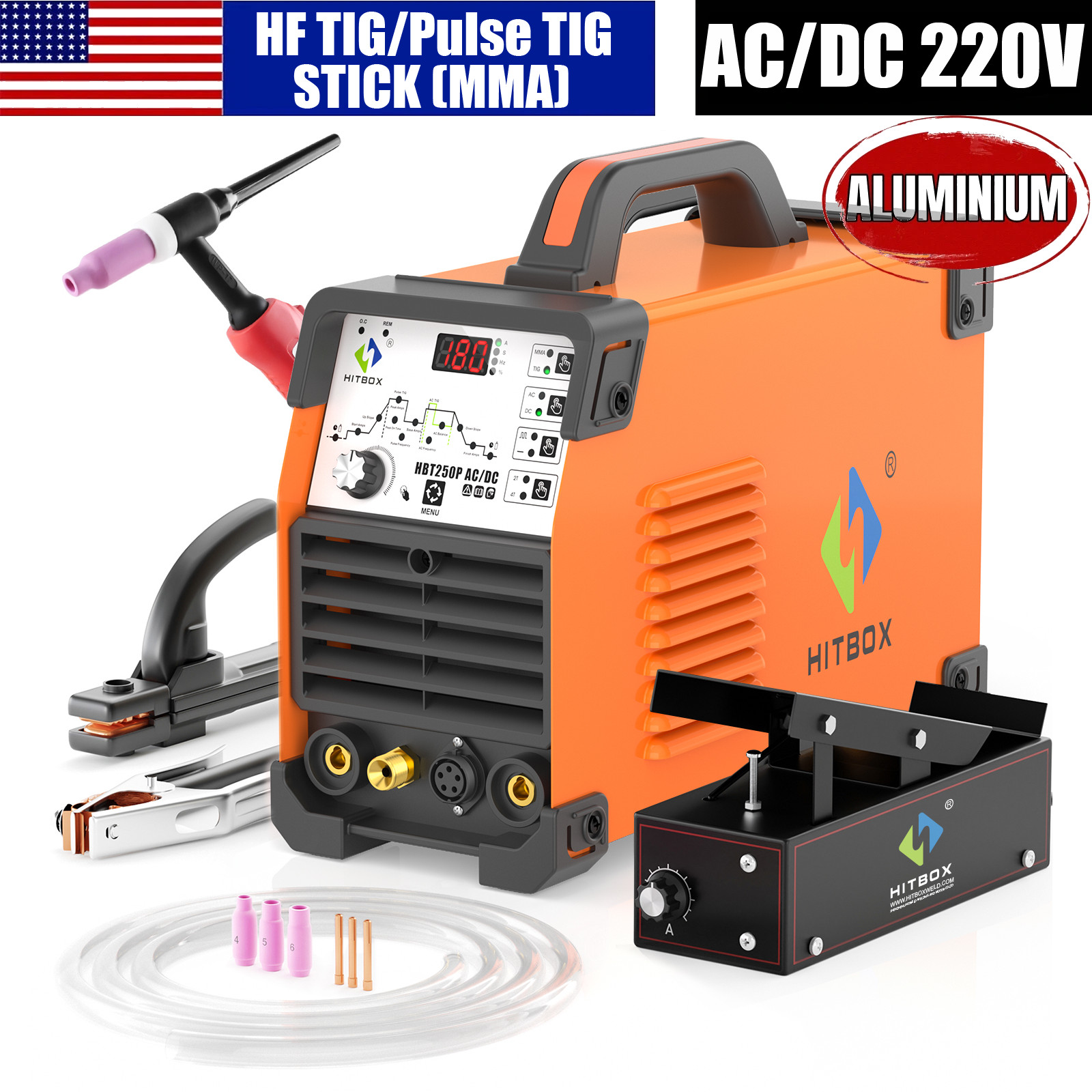 HITBOX 200A 220V Aluminum TIG Welder AC/DC Pulse HF TIG MMA/Stick Welder IGBT US