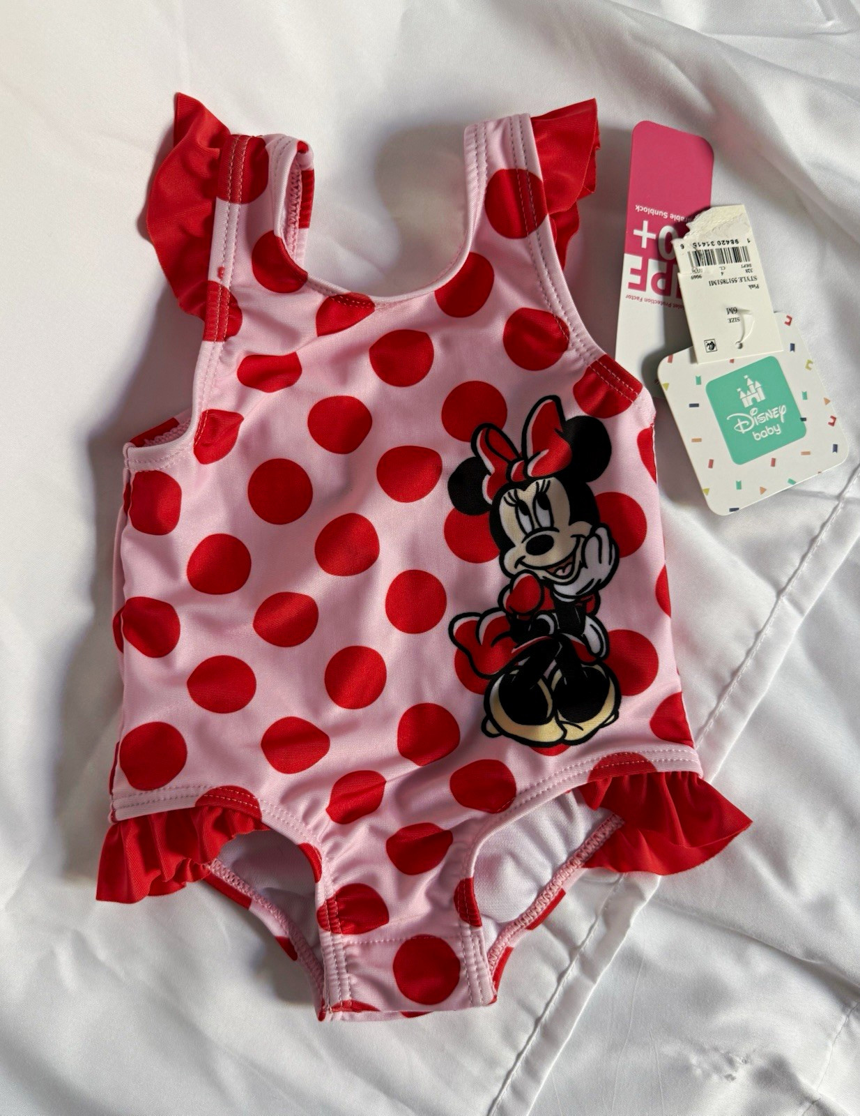 Disney Baby Minnie Mouse One-Piece Swimsuit Pink/Red Polka Dot Ruffle 0-3M