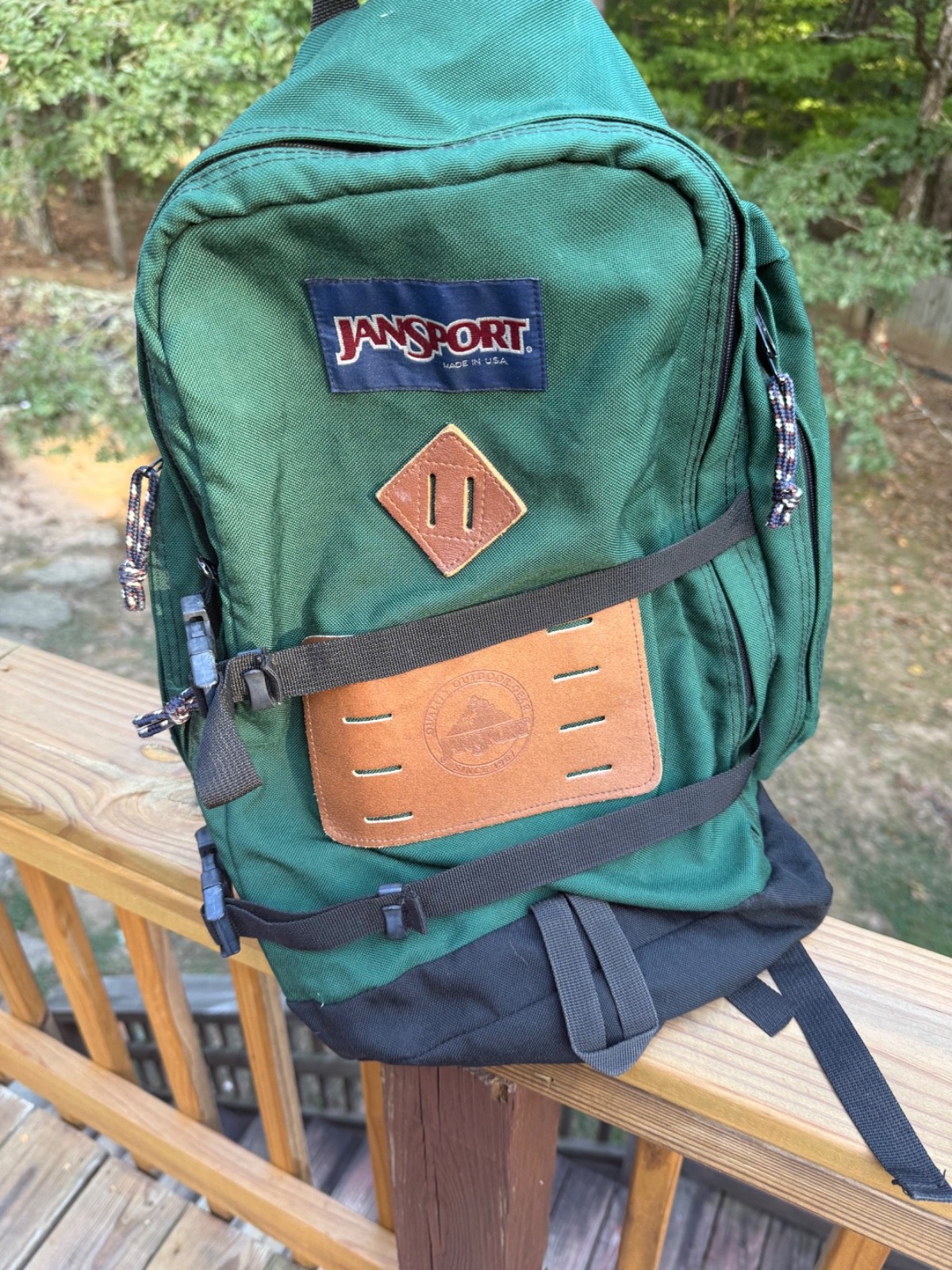 Vtg 90s JANSPORT x USA-MADE Green LEATHER-PATCH BACKPACK Outdoor Hike Gear Bag Vtg 90s JANSPORT x USA-MADE Green LEATHER-PATCH BACKPACK Outdoor Hike Gear Bag