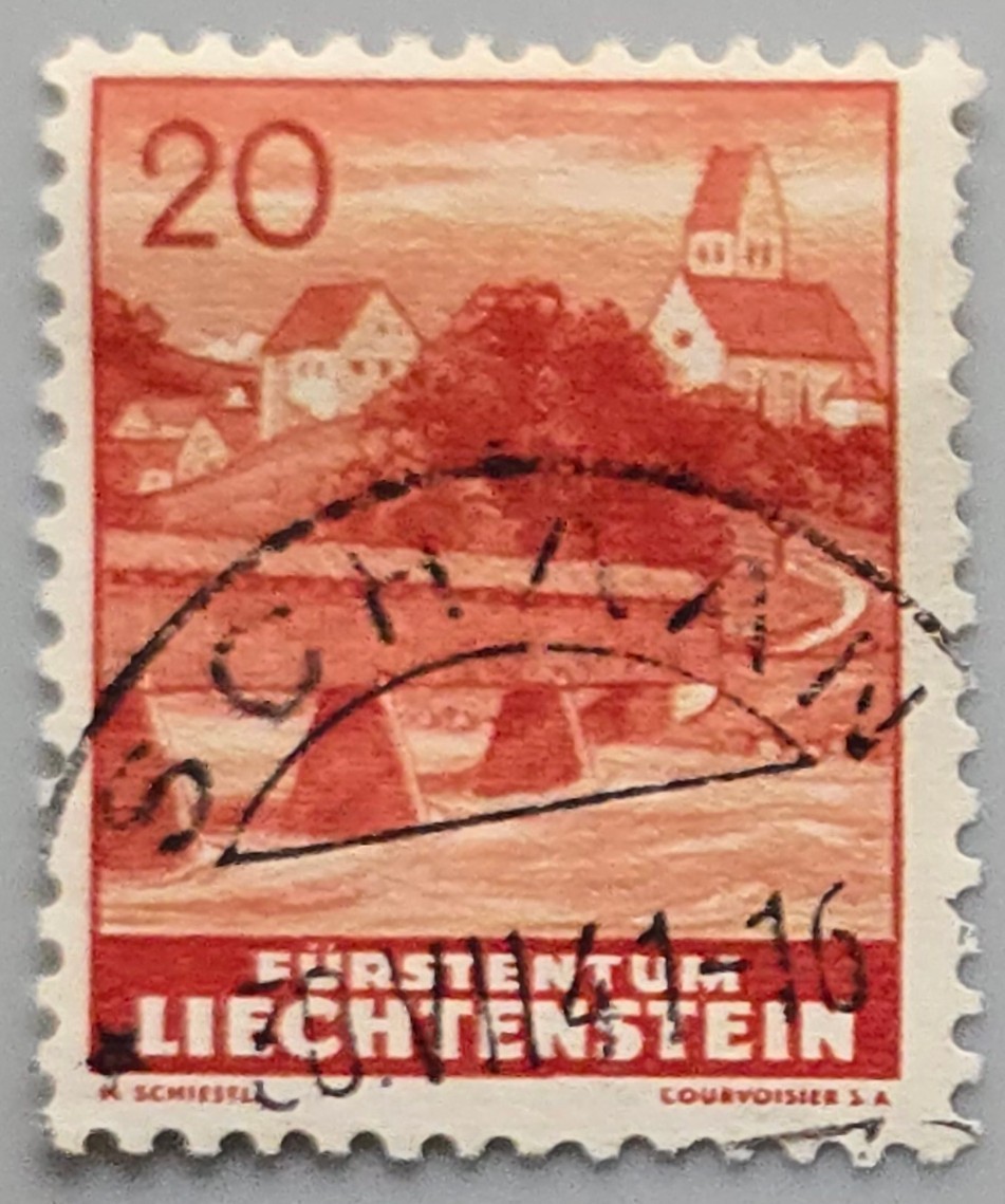 Liechtenstein 1944-45 Furstentum 20rp Salmon Red Village Panorama Used Schiessl