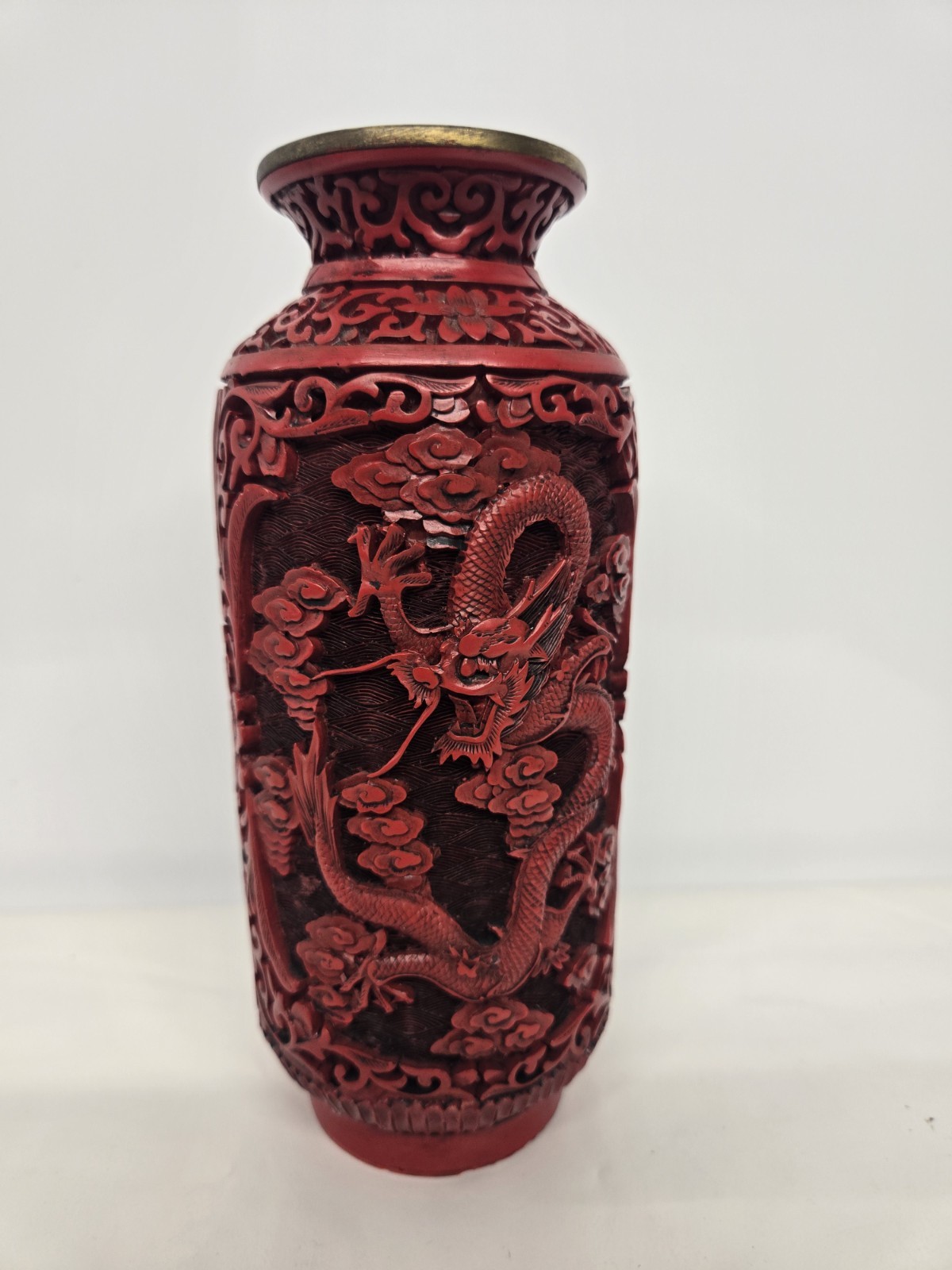 Vintage Chinese Cinnabar Carved Red Lacquer Dragon Motif Brass Base Vase 7 Vintage Chinese Cinnabar Carved Red Lacquer Dragon Motif Brass Base Vase 7