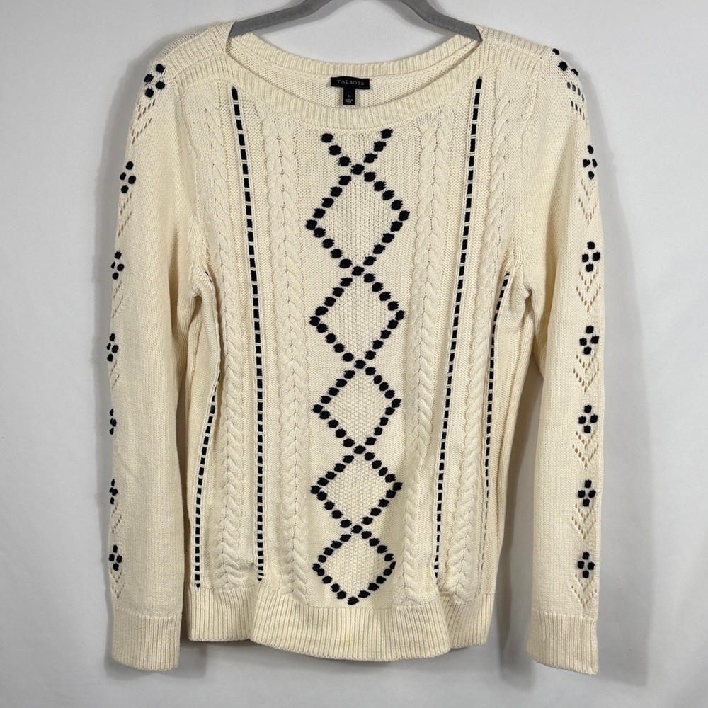 Talbots Cream and Black Ribbon Woven Boat Neck Knit Sweater. Womens Size M