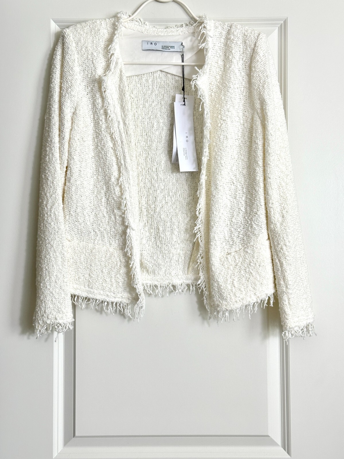 NWT IRO Shavani White Tweed Frayed Open Front Jacket Size 38 (US 6) $395.