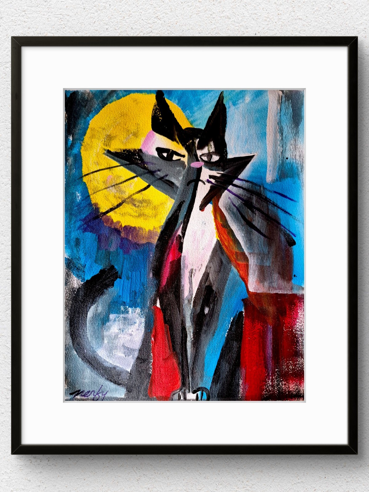 Original Cubist Street Cat 11x14 Acrylic on Paper Signed Contemporary Art P568