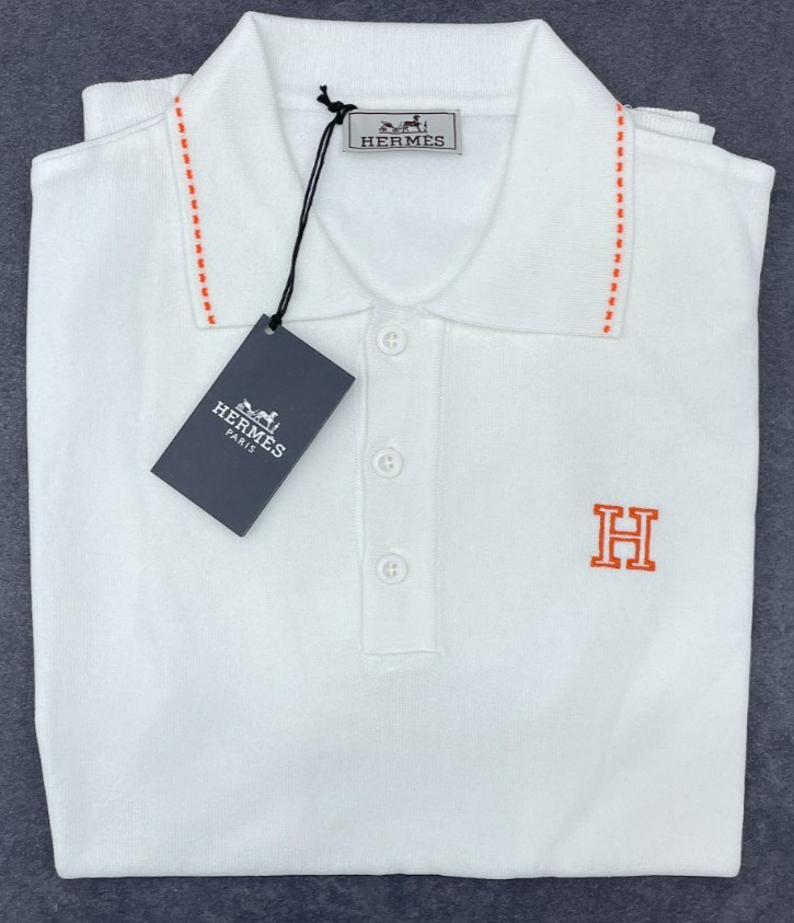 HERMES MEN\'S WHITE KNITWEAR POLO T-SHIRT LARGE