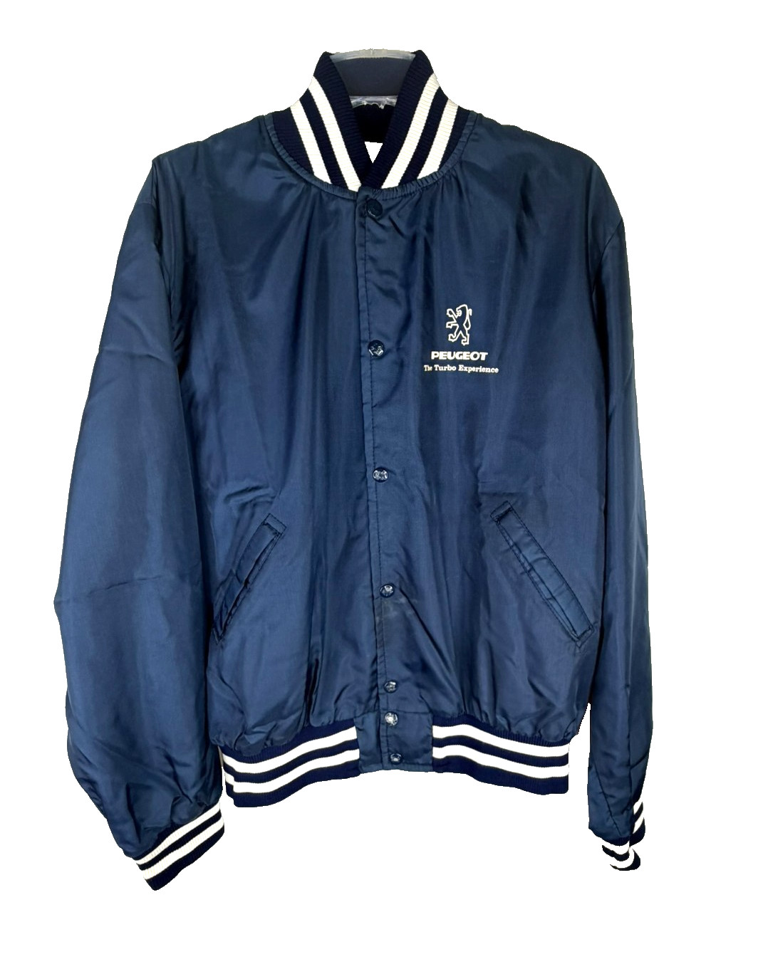 Vtg Peugeot Motorsport Racing Blue Snap Button Satin Bomber Jacket Y2K Size L Vtg Peugeot Motorsport Racing Blue Snap Button Satin Bomber Jacket Y2K Size L