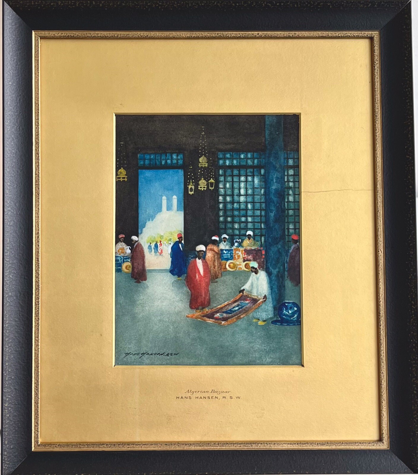 Hans Jacob Hansen R.S.W.Orientalist Painter Algerian Bazaar Watercolor Framed