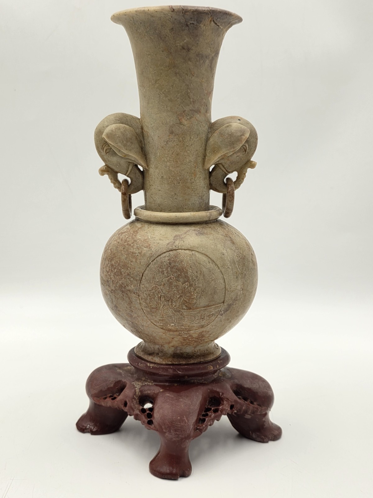 Antique Chinese Carved Hardstone Vase Elephant Ring Handles Stone Stand 12