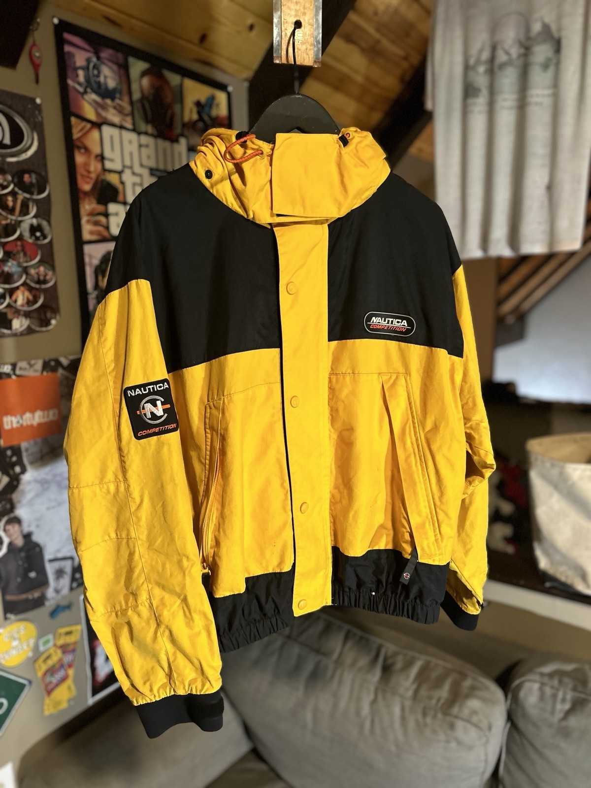 Nautica Men’s Yellow/Black Colorblock Hooded Zip Jacket Logo Accents Size M