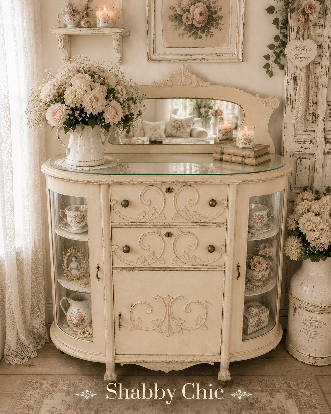 RARE 1900s Antique Curved Glass Sideboard Buffet / China Cabinet With Mirror