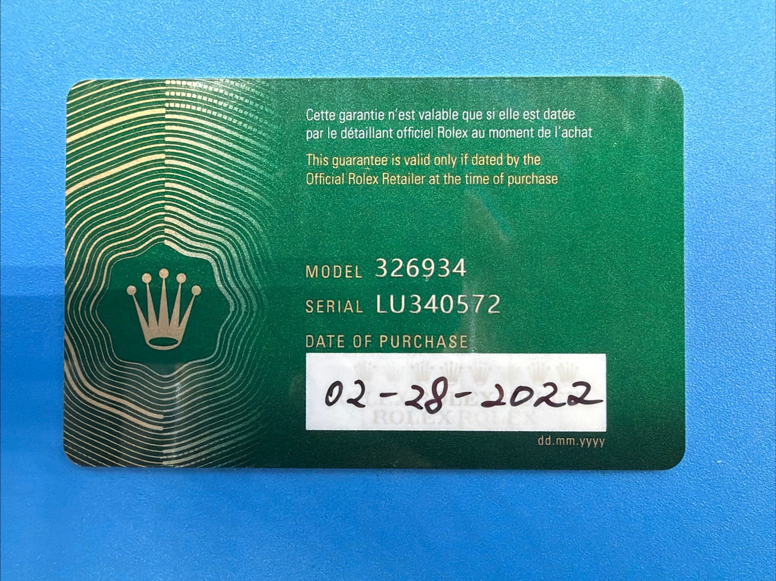 GENUINE OEM ROLEX SKY-DWELLER 42mm 326934 INTERNATIONAL GAURANTEE CARD 2022
