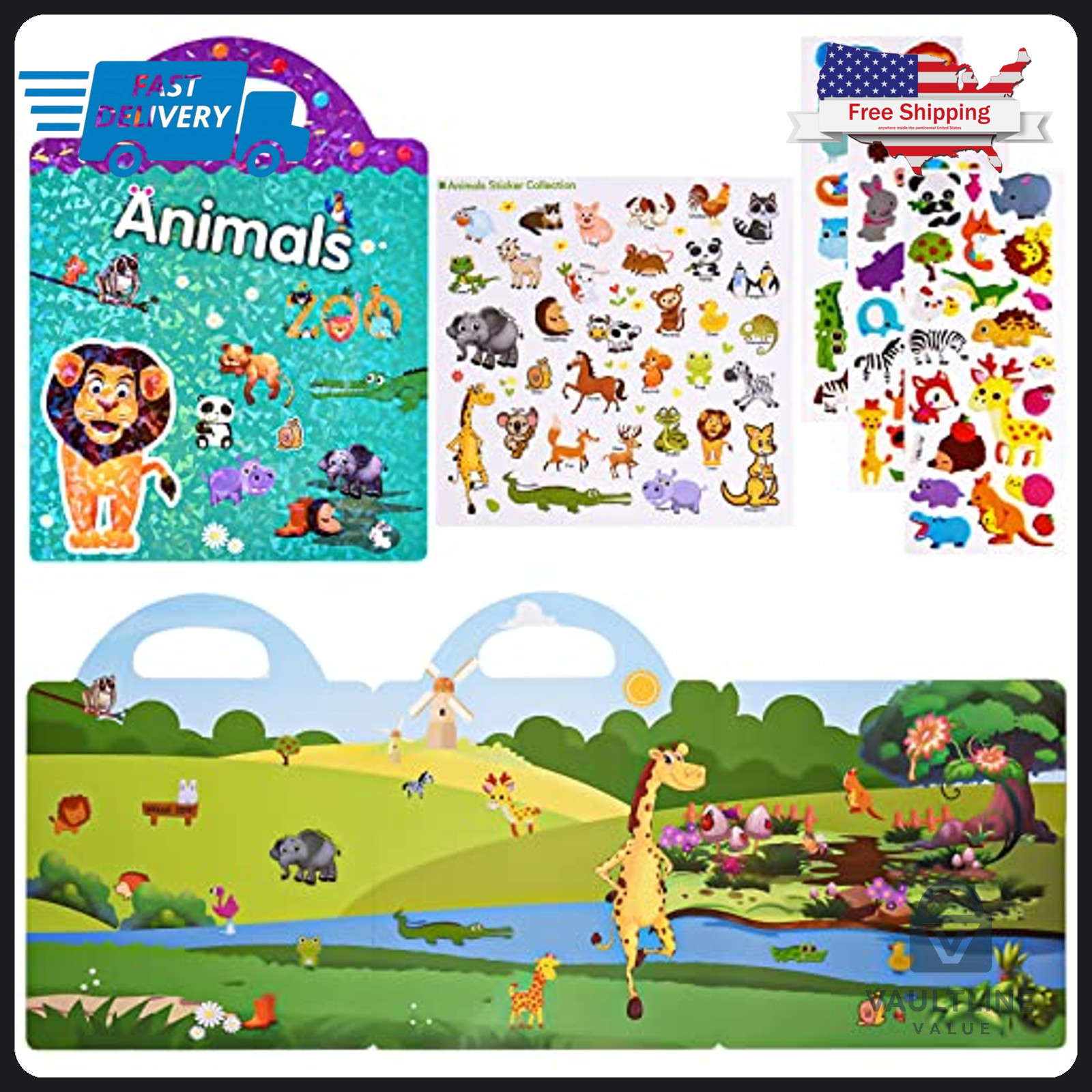 88 Piece Animal Reusable Sticker Book for Kids - Waterproof TPE and PVC