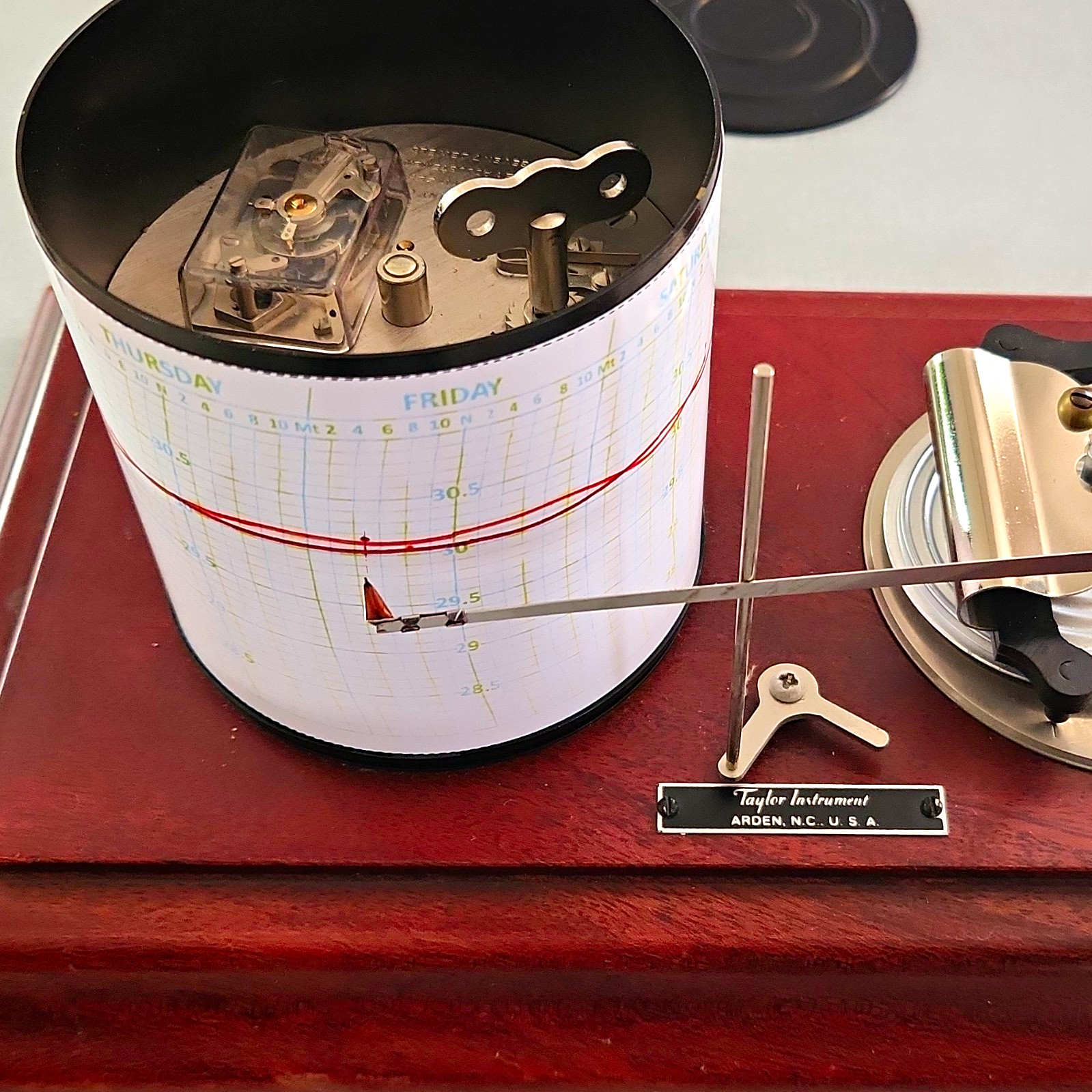 Taylor Instrument Recording Barometer Barograph w/ Chart Drum & Pen, Wood Base