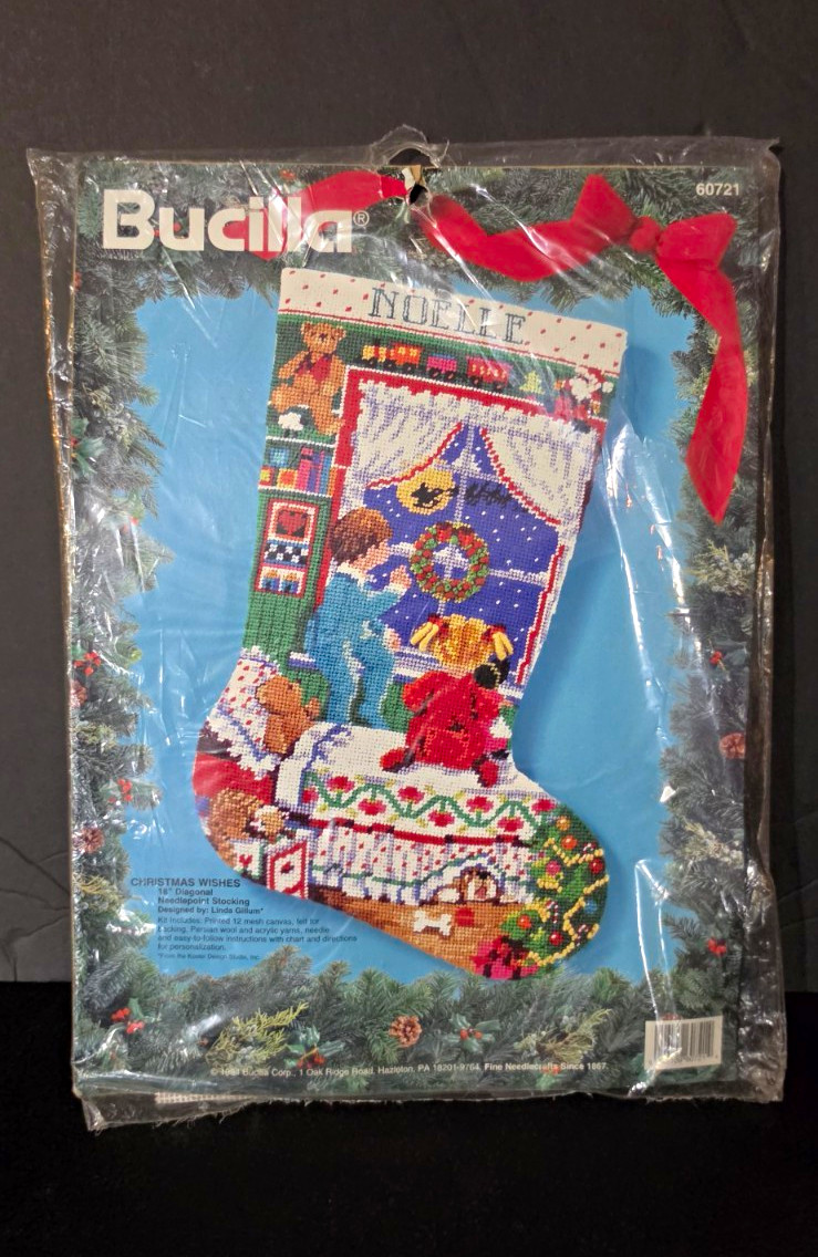Vtg 1994 Bucilla Needlepoint Stocking Kit Christmas Wishes 18\