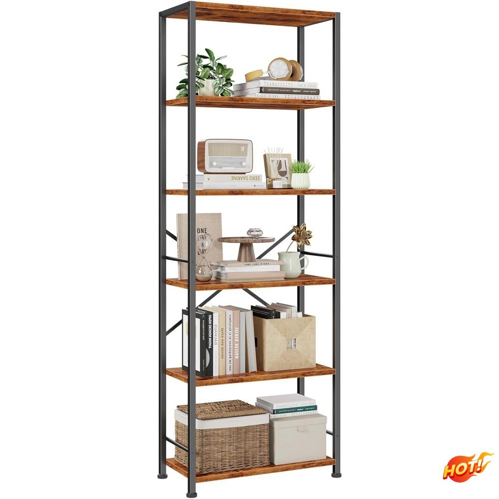 Brown 6-Tier Tall Wide Industrial Wood Metal Freestanding Open Display Bookshelf Brown 6-Tier Tall Wide Industrial Wood Metal Freestanding Open Display Bookshelf