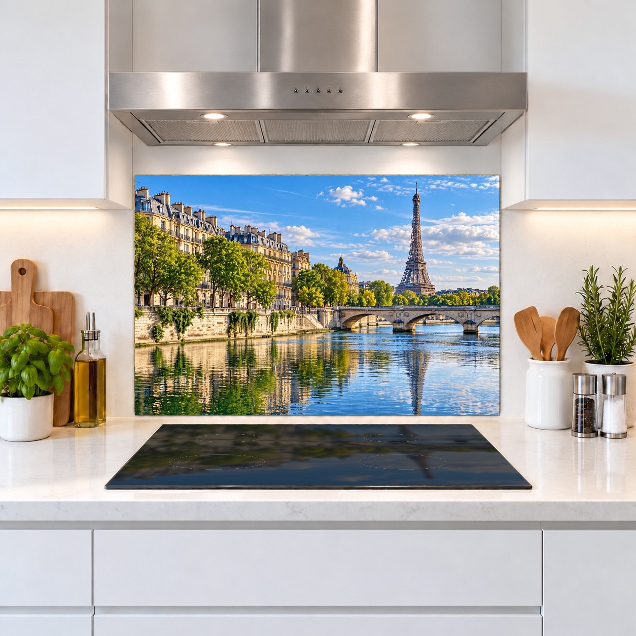 Custom Tempered Glass Kitchen Backsplash, Eiffel Tower Paris Scene (Made in USA)