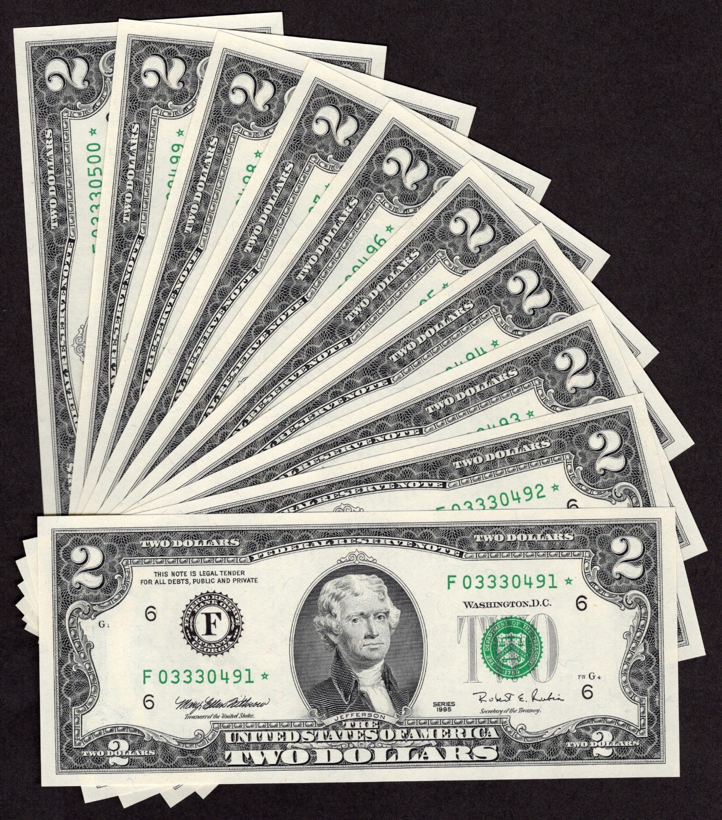 1995 $2 ATLANTA * STAR * ⭐️ FRNs. 10 Consecutive & Gem Uncirculated Banknotes. 1995 $2 ATLANTA * STAR * ⭐️ FRNs. 10 Consecutive & Gem Uncirculated Banknotes.