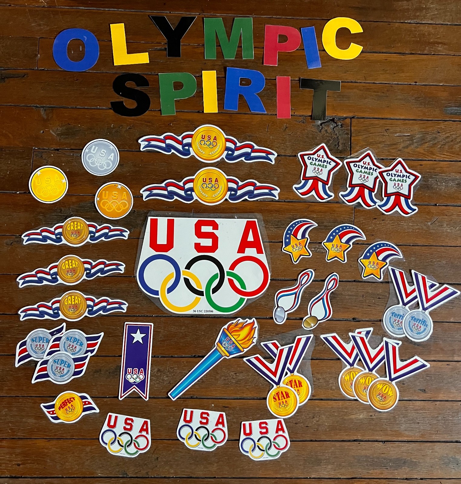 Vintage USOC Licensed Olympic Classroom Accents USA Rings Medals Torch Large Lot