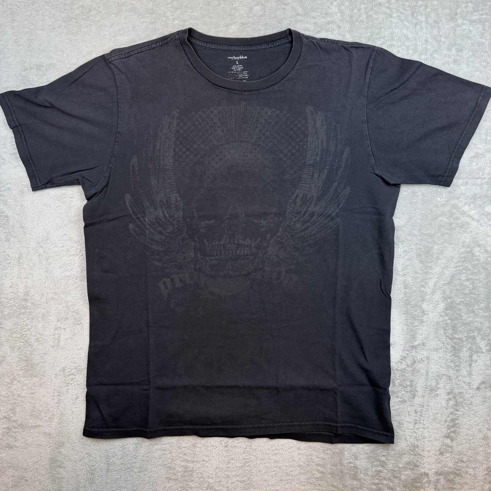 Vintage Y2K Anchor Blue T Shirt Mens Large Black Faded Grunge Goth Skull 