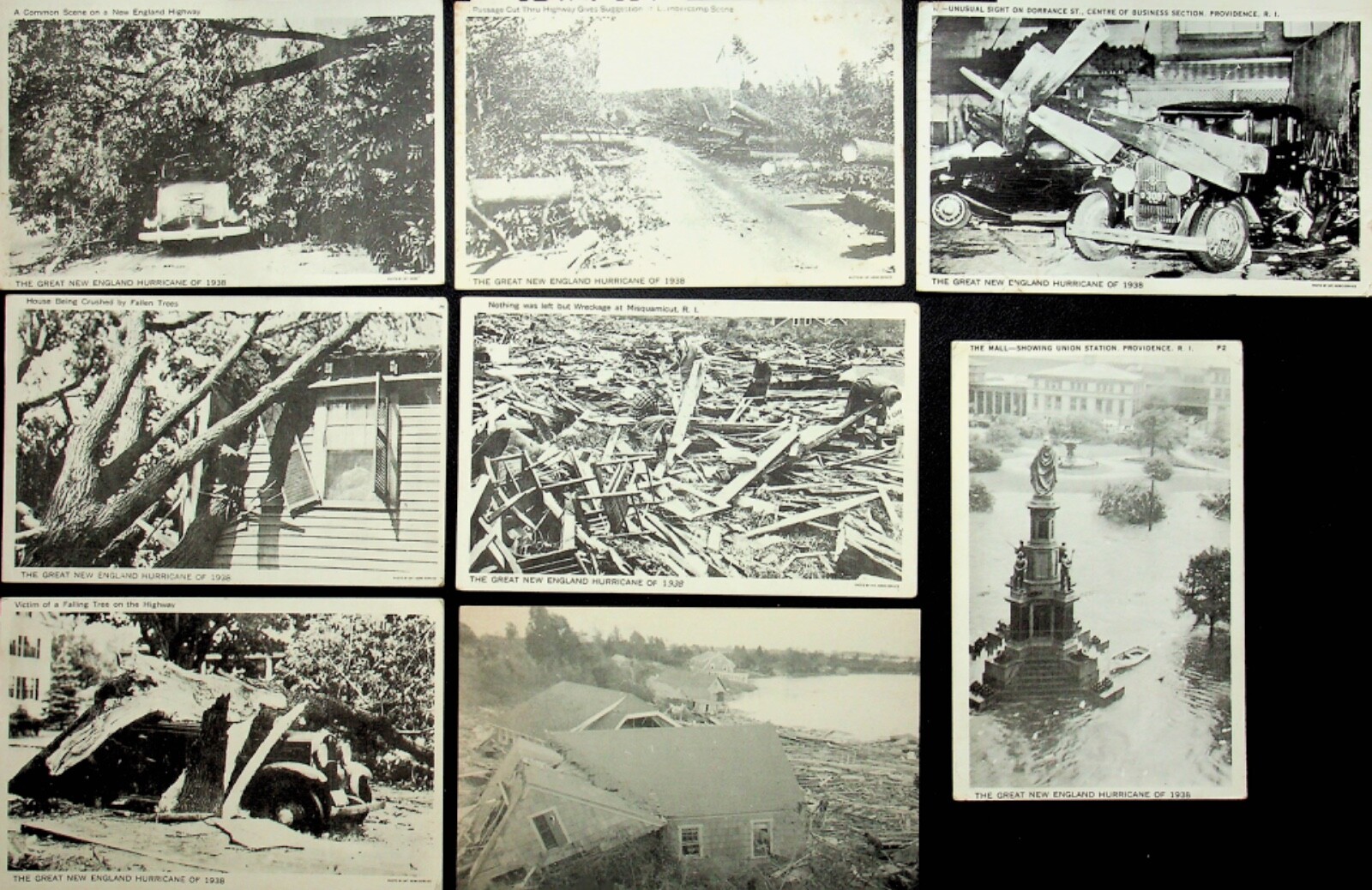 EIGHT 1938 NEW ENGLAND HURRICANE POSTCARDS - FF-52 EIGHT 1938 NEW ENGLAND HURRICANE POSTCARDS - FF-52