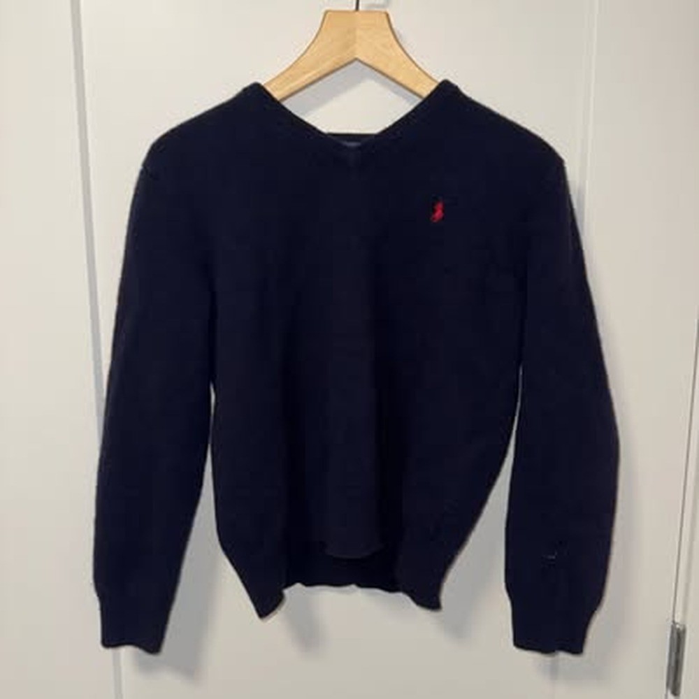 VINTAGE Polo Ralph Lauren Sweater Mens Large Blue 100% Lambswool V Neck Knit