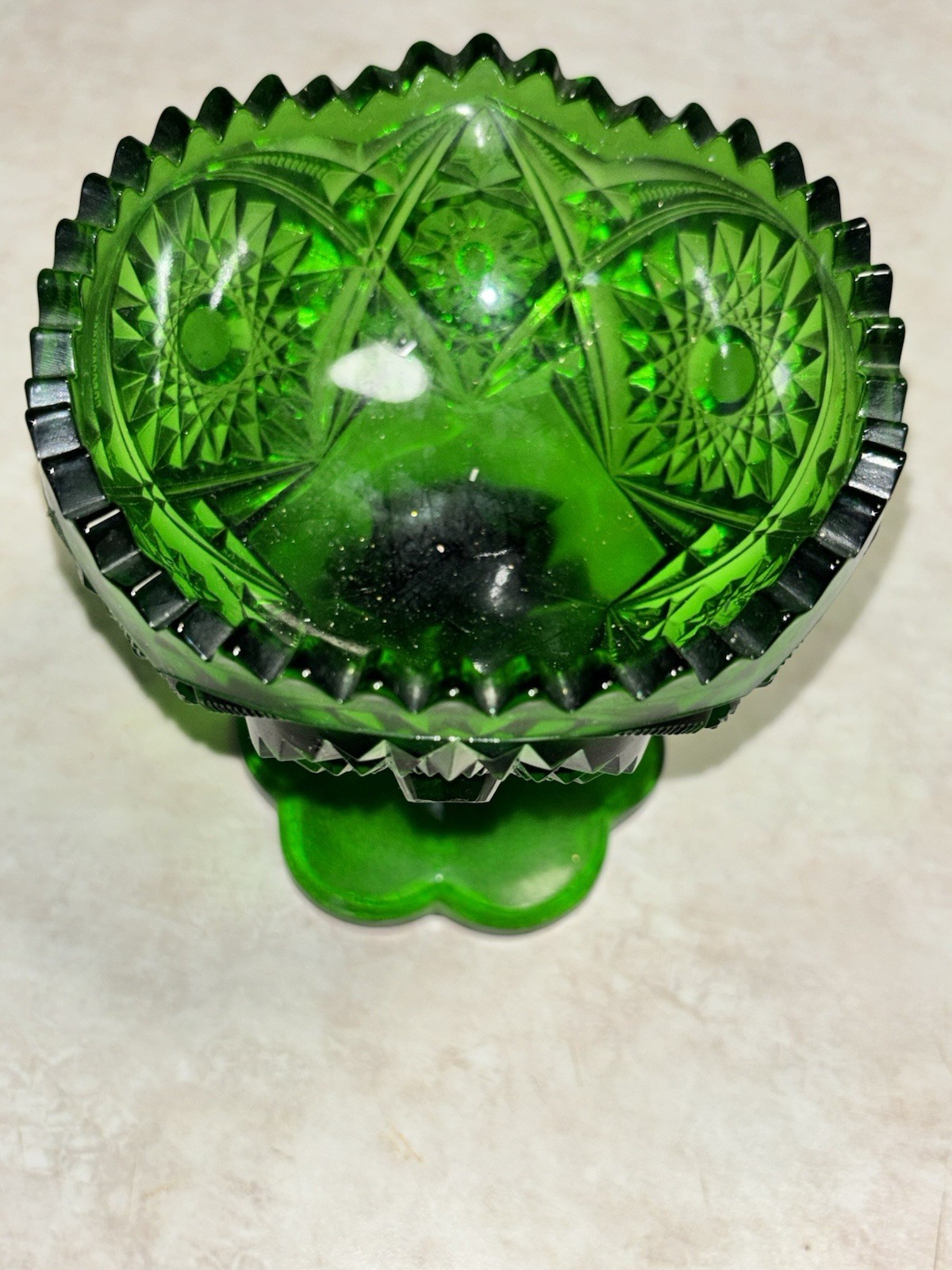 Vintage Kemple Emerald Green Cut Glass Compote Candy Dish Marked K Vintage Kemple Emerald Green Cut Glass Compote Candy Dish Marked K